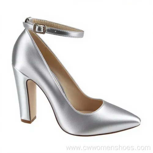 Silver Metallic Fashionable Pointed Toe High Block Heels for Women